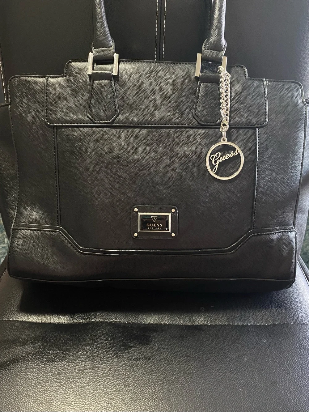 Guess Black Saffiano Tote Bag with Logo Charm